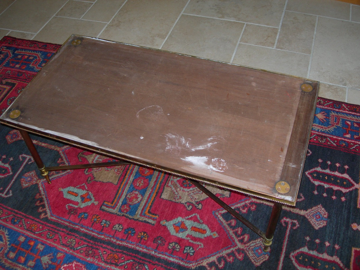 Table basse des années 50 - 60 en laiton et marbre à décor chinois maison Baguès ou Jansen-photo-8