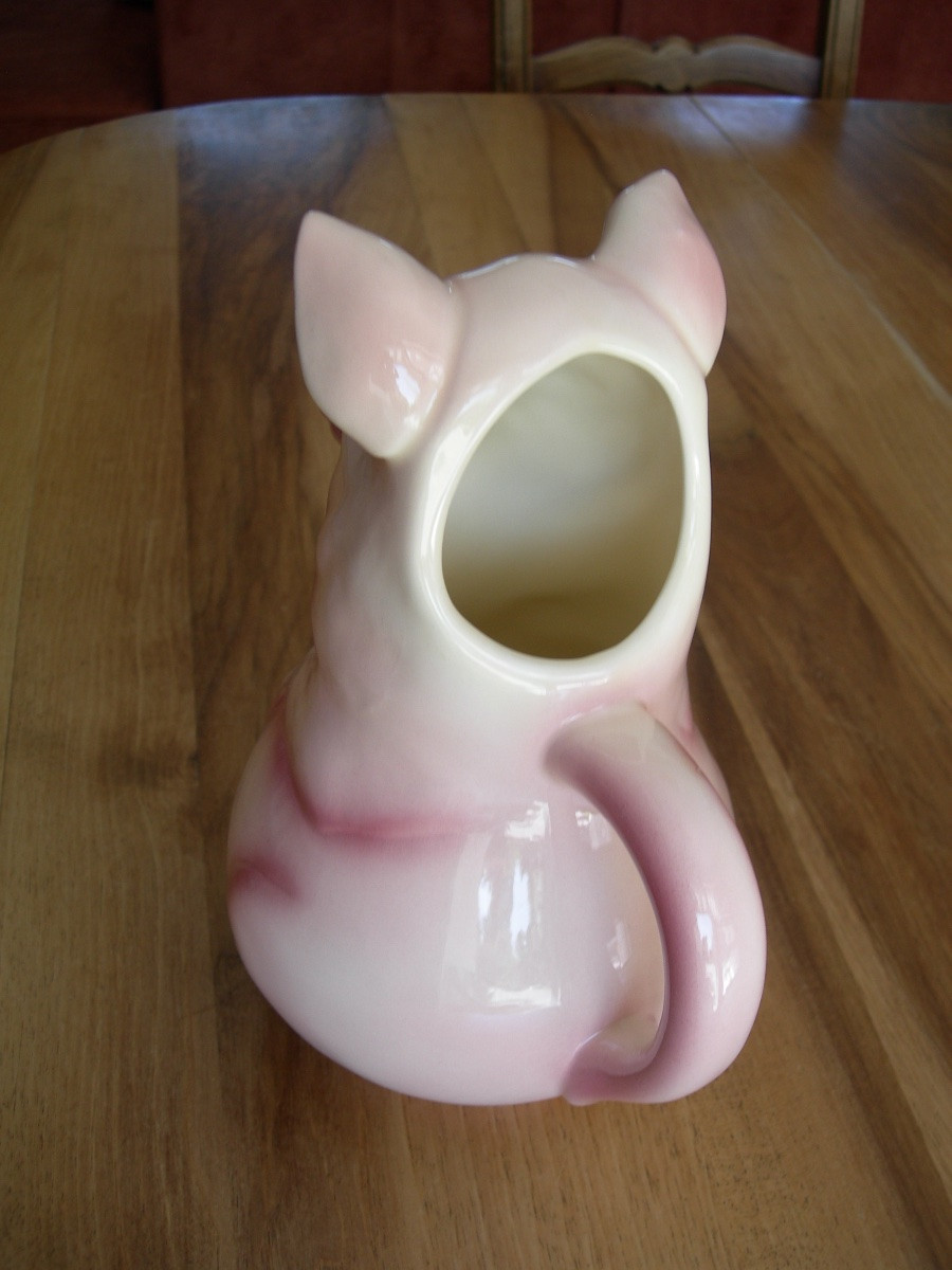 Antique St Clément Earthenware Zoomorphic Pitcher Depicting A Pink Pig-photo-2