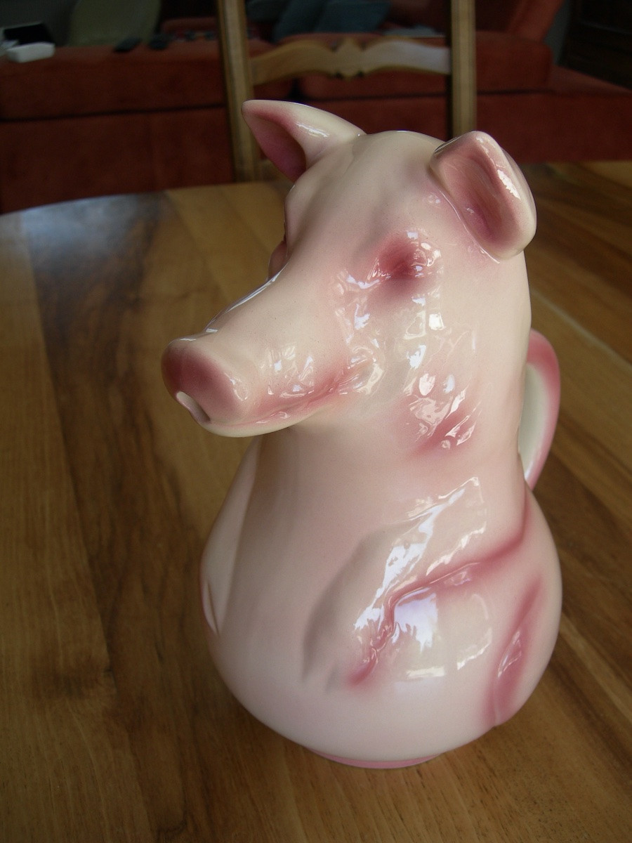 Antique St Clément Earthenware Zoomorphic Pitcher Depicting A Pink Pig-photo-4
