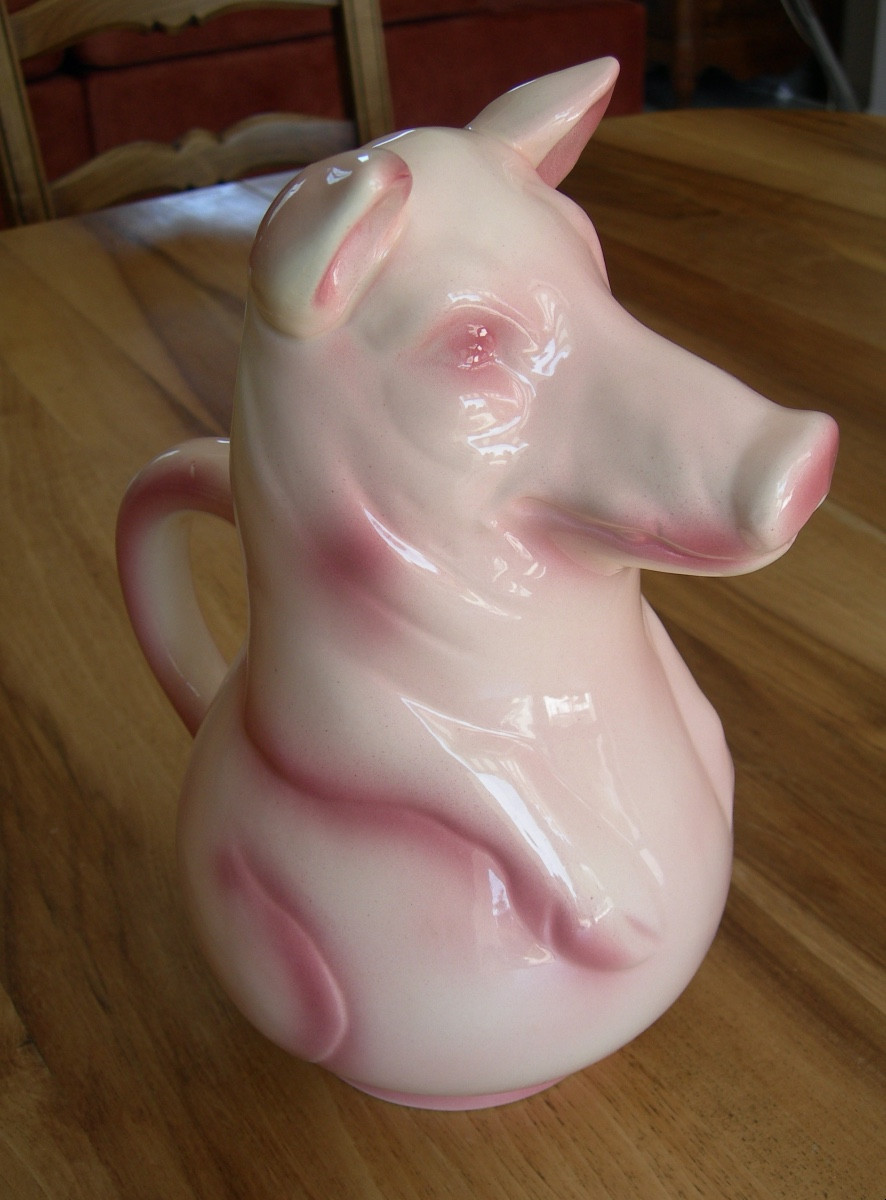 Antique St Clément Earthenware Zoomorphic Pitcher Depicting A Pink Pig