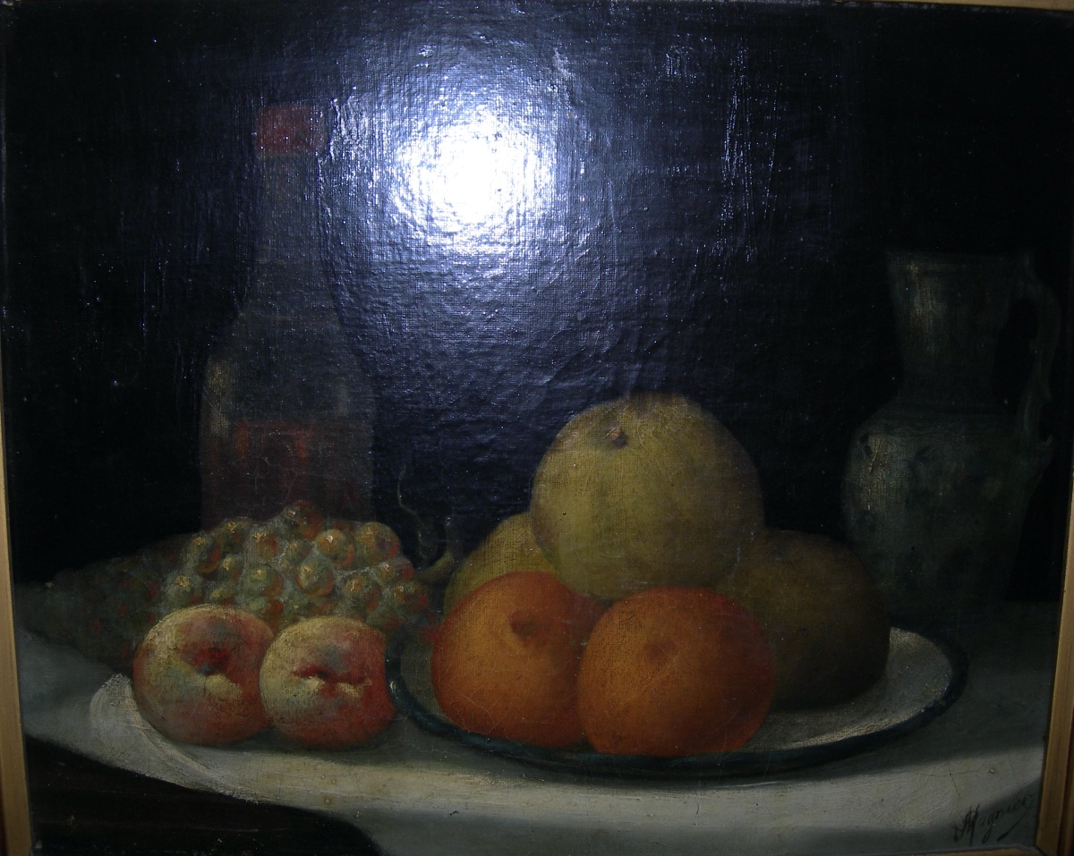 Antique 19th-century Oil-on-canvas Still Life Painting Featuring Fruit, Signed "l. Magnier"