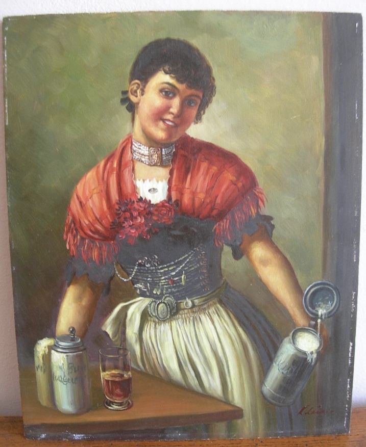 Tableau ancien portrait de femme huile panneau sur bois dans une taverne alsacienne signé Klein