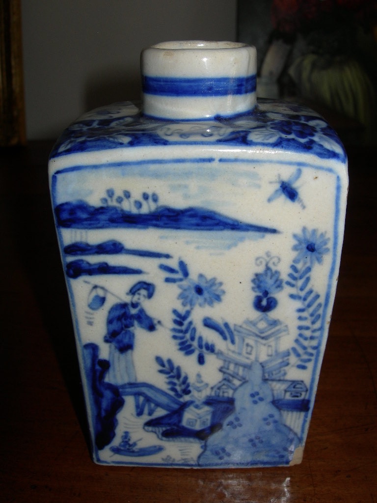 Boite à thé ancienne en faïence de Delft d'époque 18e XVIIIe Signé Van Duijn décor chinoiseries-photo-2