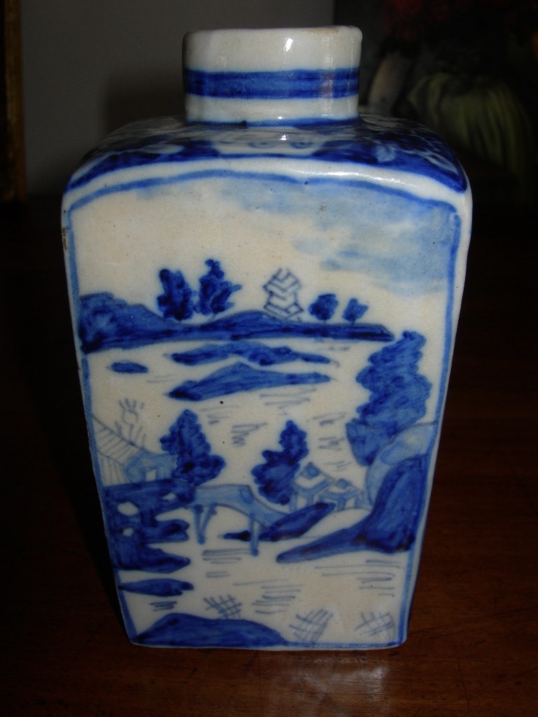 Boite à thé ancienne en faïence de Delft d'époque 18e XVIIIe Signé Van Duijn décor chinoiseries-photo-1