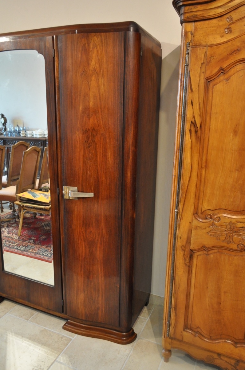 ARMOIRE 3 PORTES D'ÉPOQUE ART DÉCO EN NOYER 1 PORTE À GLACE BISEAUTÉE MEUBLE ANCIEN 1930-photo-4