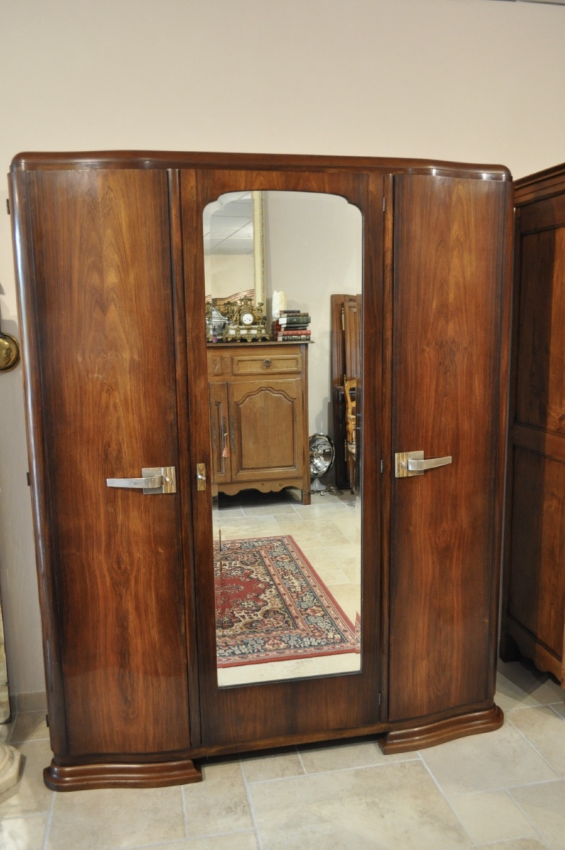 ARMOIRE 3 PORTES D'ÉPOQUE ART DÉCO EN NOYER 1 PORTE À GLACE BISEAUTÉE MEUBLE ANCIEN 1930