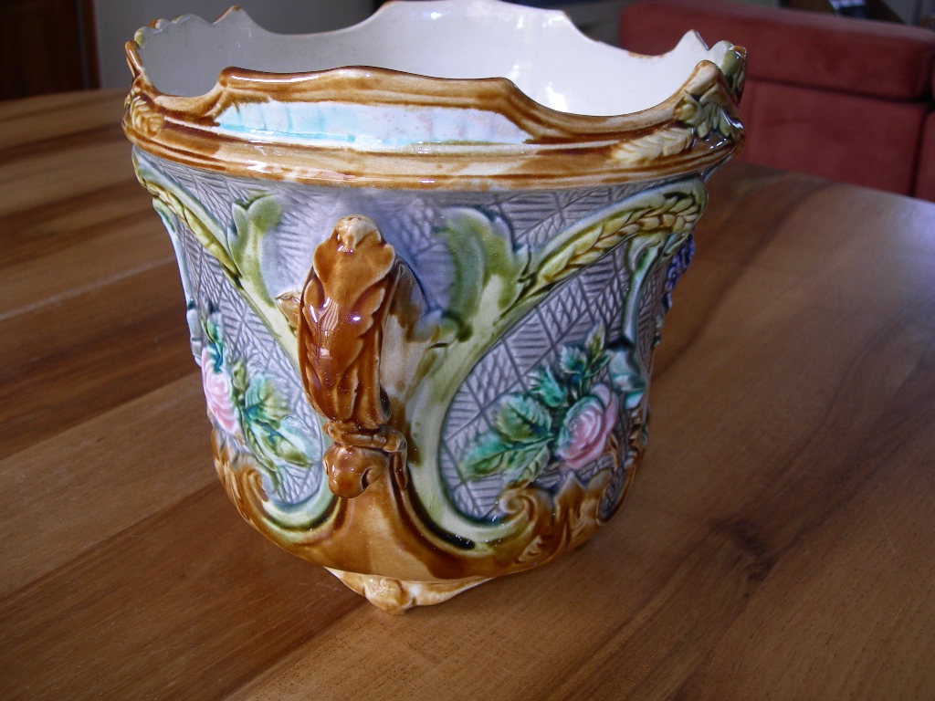 Cache-pot ou jardinière en barbotine d'Onnaing majolique cache pot céramique faïence fin19ème-photo-4