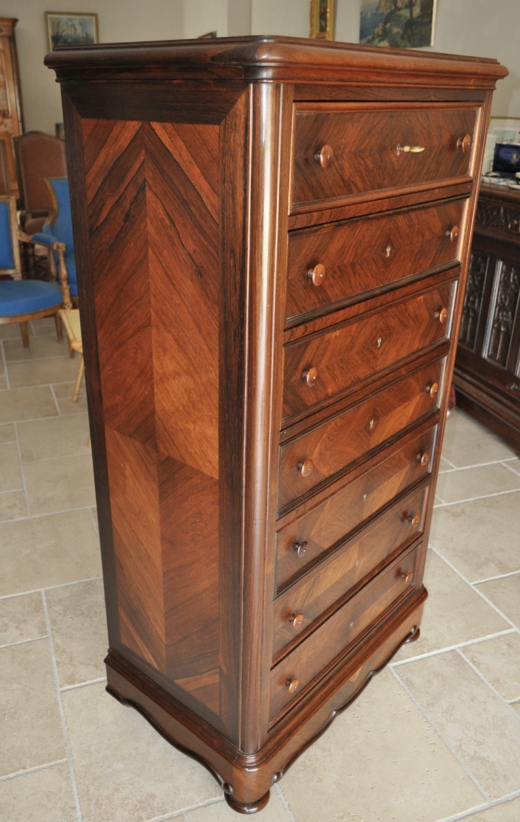 Small Napoleon III-era Rosewood Weekly Planner, 19th Century, 7-drawer Chest, Antique Furniture-photo-2
