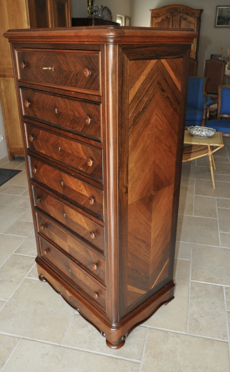 Small Napoleon III-era Rosewood Weekly Planner, 19th Century, 7-drawer Chest, Antique Furniture-photo-3