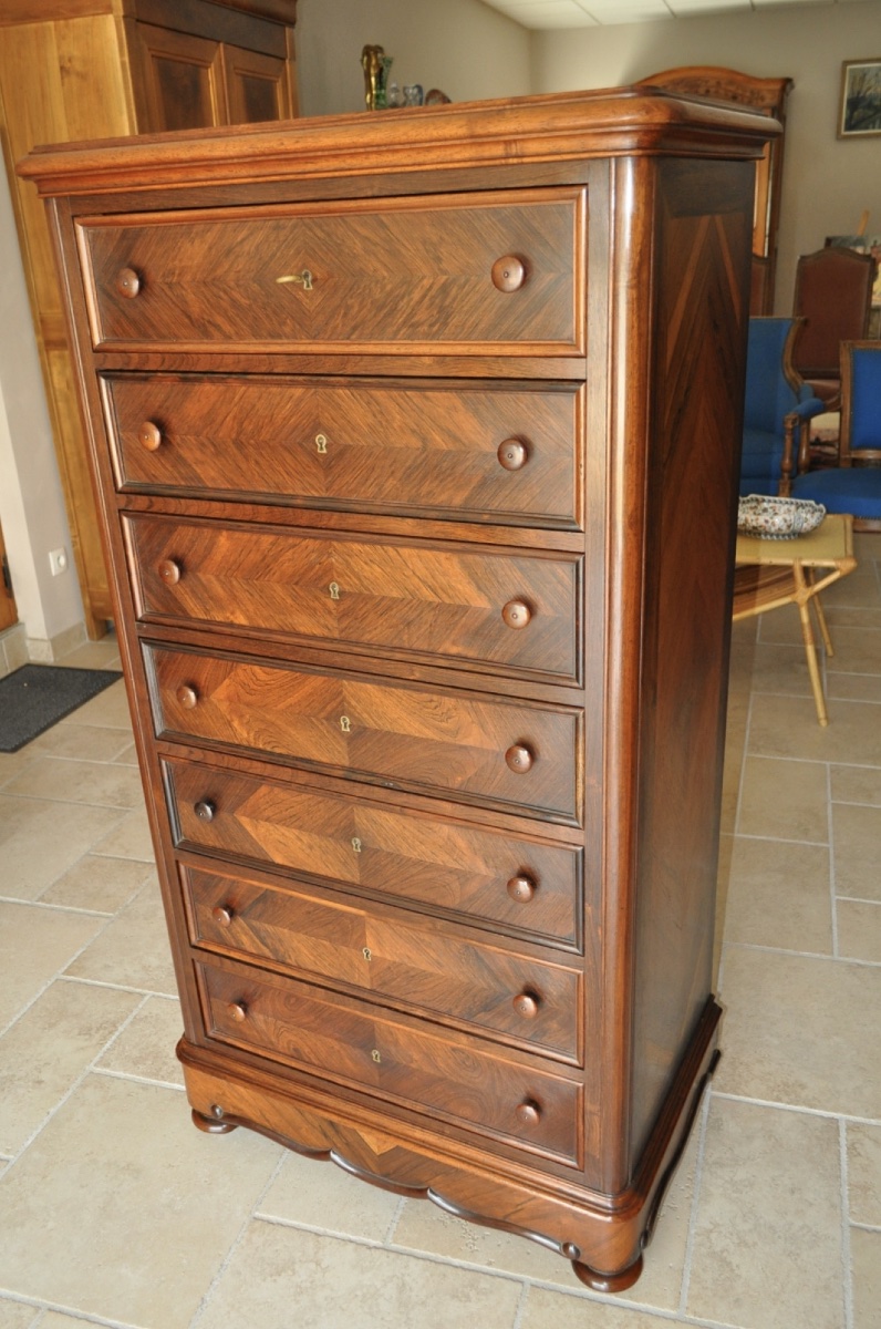 Small Napoleon III-era Rosewood Weekly Planner, 19th Century, 7-drawer Chest, Antique Furniture