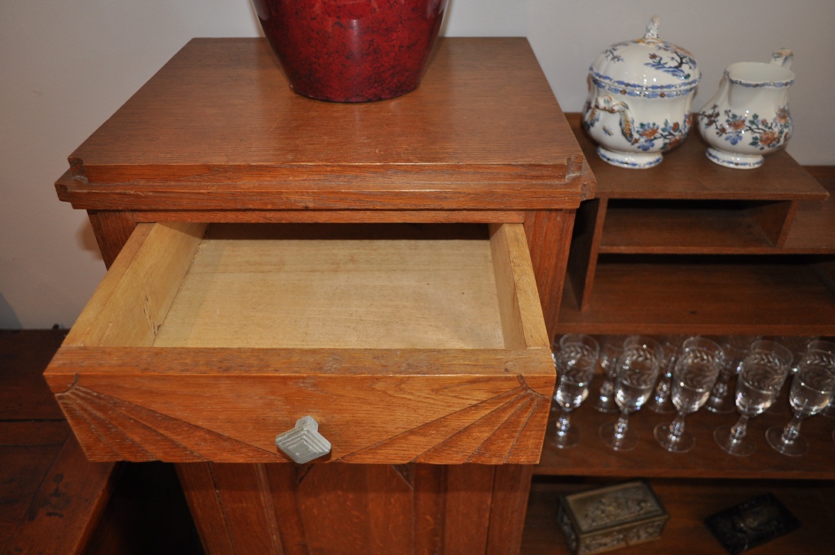 PETIT BUFFET D'ENTRÉE OU DESSERTE CONSOLE EN CHÊNE DORÉ D'ÉPOQUE ART DÉCO MEUBLE ANCIEN 1930-photo-2