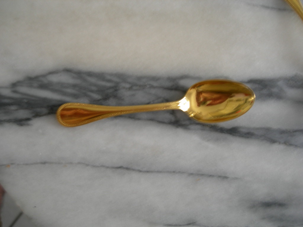 12 Christofle "perle" Gold-plated Metal Coffee/moka Spoons With Sugar Tongs -photo-2