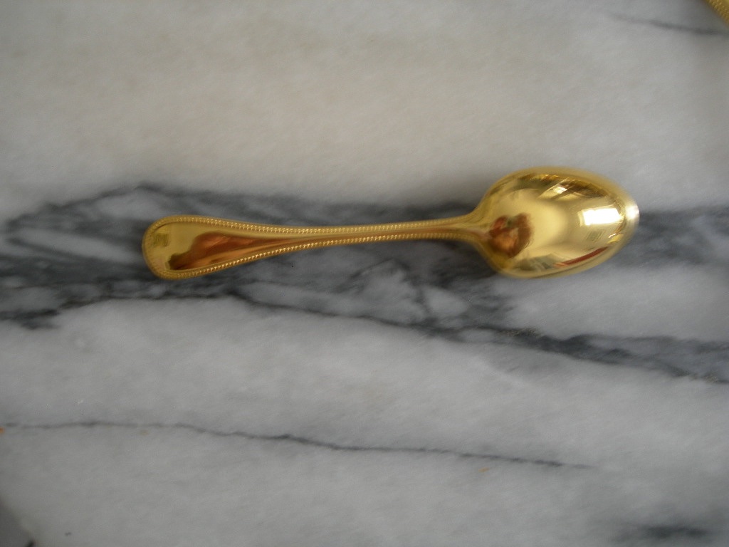12 Christofle "perle" Gold-plated Metal Coffee/moka Spoons With Sugar Tongs -photo-3