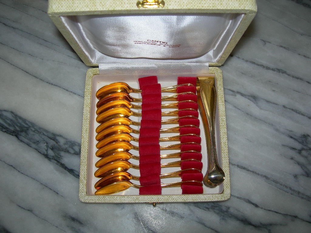 12 Christofle "perle" Gold-plated Metal Coffee/moka Spoons With Sugar Tongs -photo-3