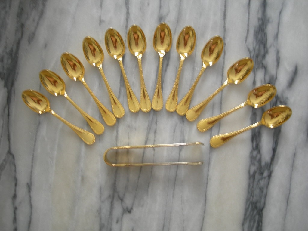 12 Christofle "perle" Gold-plated Metal Coffee/moka Spoons With Sugar Tongs 
