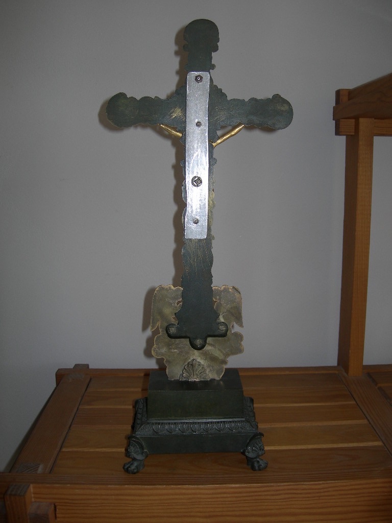 Antique Gilded And Patinated Bronze Crucifix From The Restoration Period; 19th-century Religious Art Object-photo-2