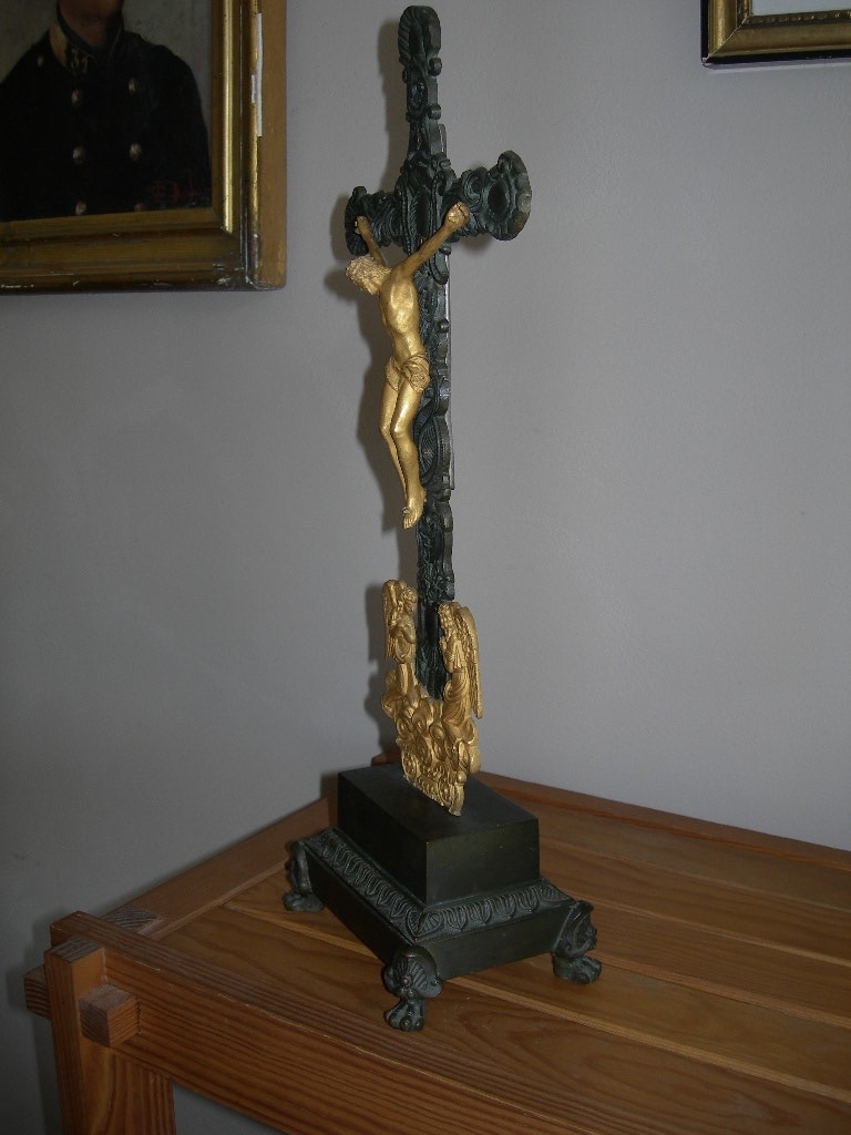 Antique Gilded And Patinated Bronze Crucifix From The Restoration Period; 19th-century Religious Art Object-photo-5