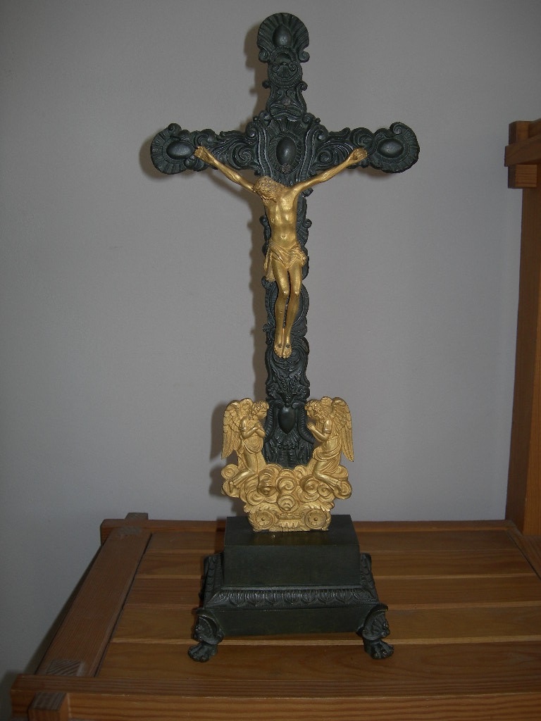 Antique Gilded And Patinated Bronze Crucifix From The Restoration Period; 19th-century Religious Art Object