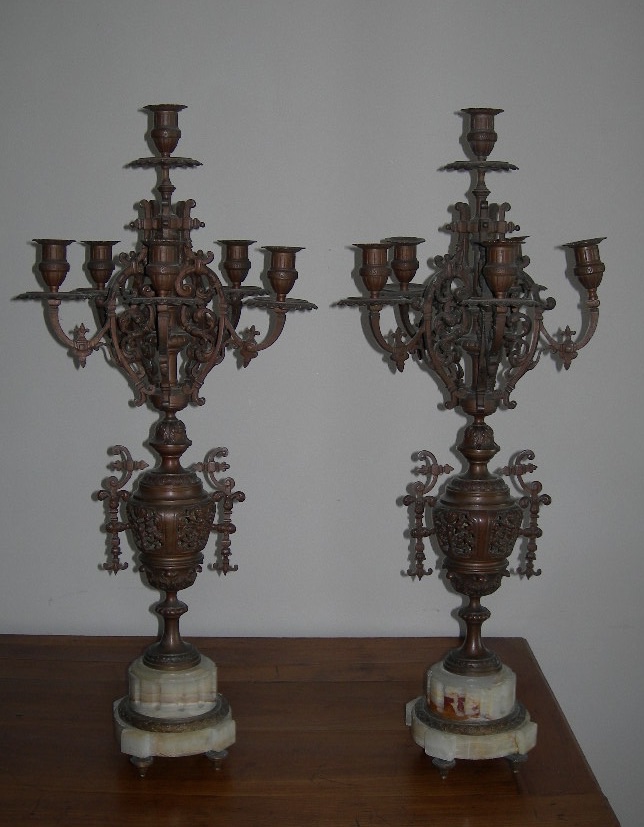 Pair Of Large Antique Candelabra From The Napoleon III Period (19th Century), Made Of Bronze And Marble 