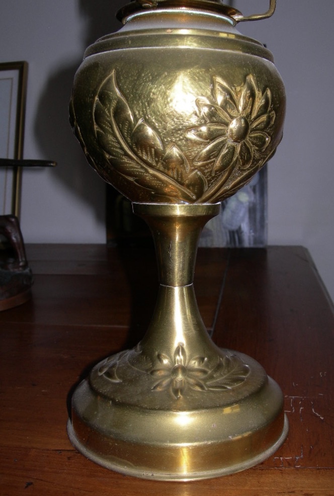 Parisian Art Nouveau-era Brass Kerosene Lamp, Circa 1900, With Cabochons And Pendants-photo-2