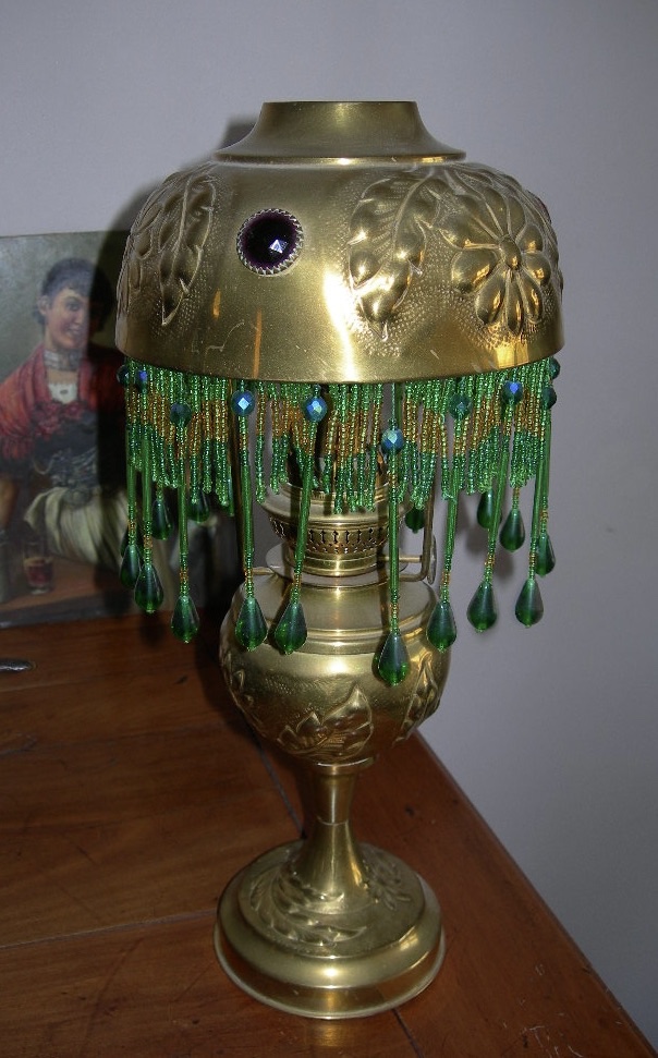 Parisian Art Nouveau-era Brass Kerosene Lamp, Circa 1900, With Cabochons And Pendants