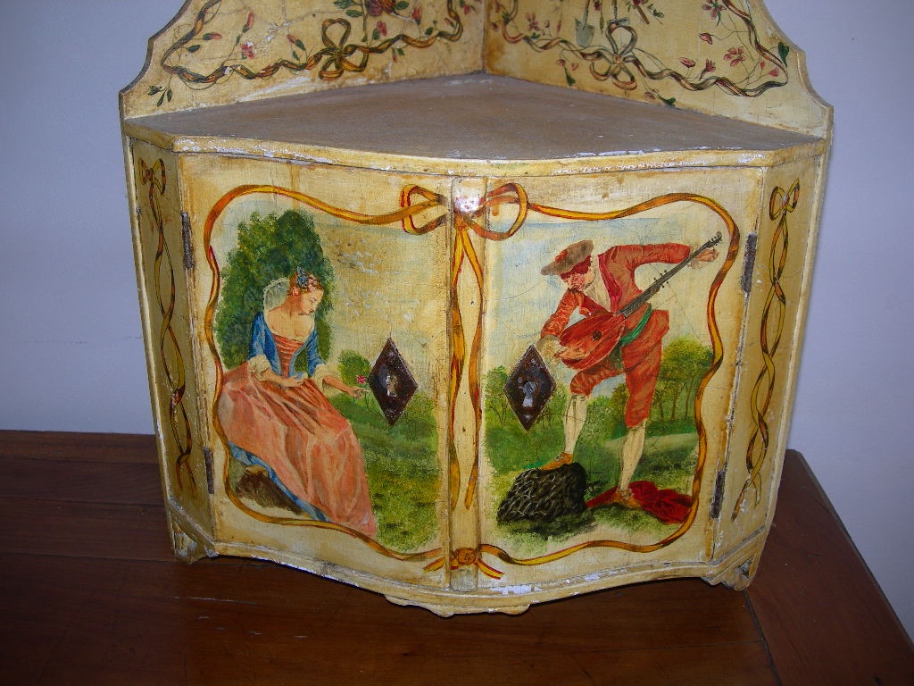 Petite encoignure ancienne galbée étagère murale d'angle en bois peint et laqué d'époque 18ème -photo-2