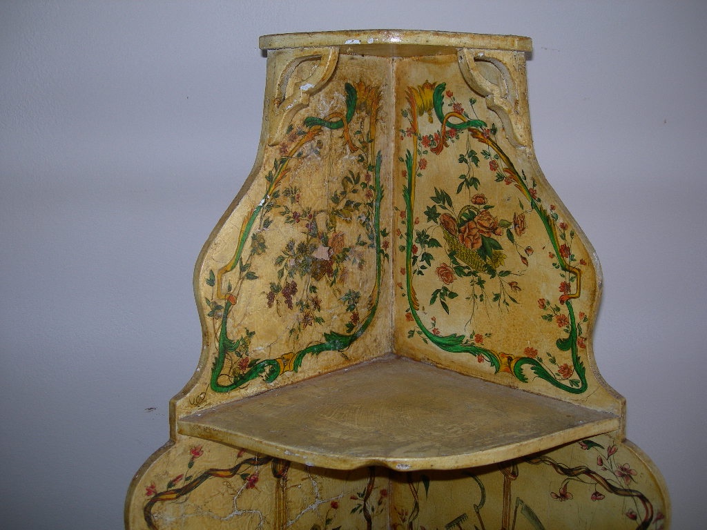 Petite encoignure ancienne galbée étagère murale d'angle en bois peint et laqué d'époque 18ème -photo-4
