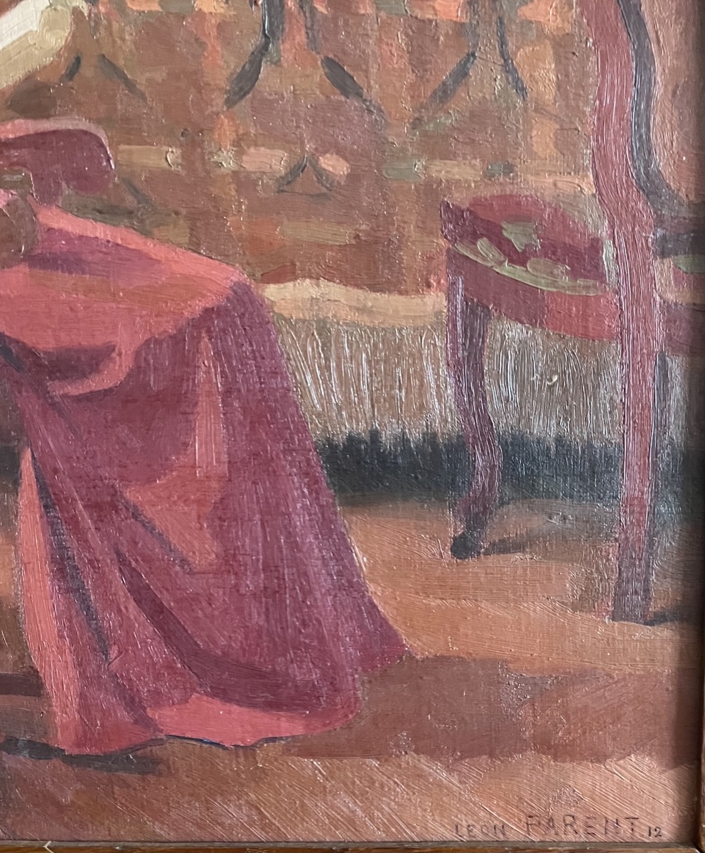 Tableau signé Léon Louis Parent ( 1869 - 1943 ) scène intimiste d'intérieur huile sur toile-photo-3