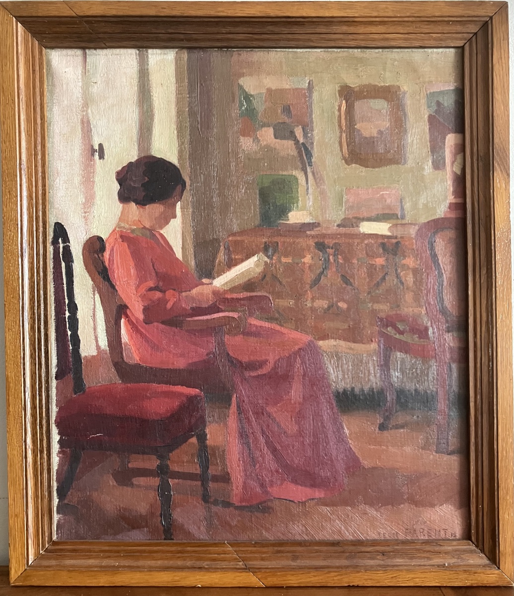 Tableau signé Léon Louis Parent ( 1869 - 1943 ) scène intimiste d'intérieur huile sur toile