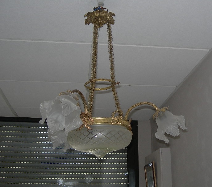 Lustre ancien en bronze ou laiton vasque et 3 tulipes en verre d'époque art déco suspension-photo-2