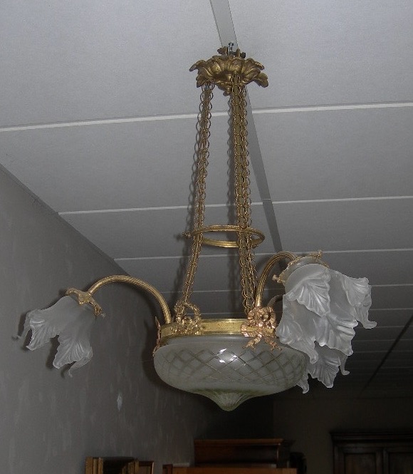 Lustre ancien en bronze ou laiton vasque et 3 tulipes en verre d'époque art déco suspension-photo-3