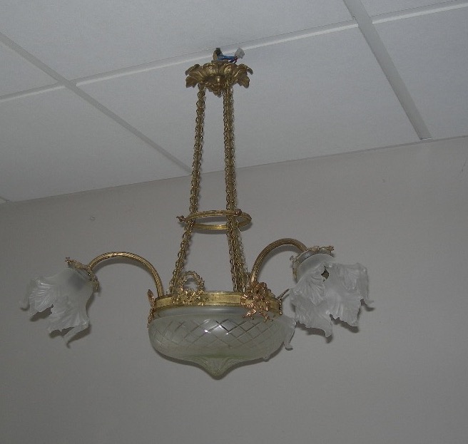 Lustre ancien en bronze ou laiton vasque et 3 tulipes en verre d'époque art déco suspension-photo-4