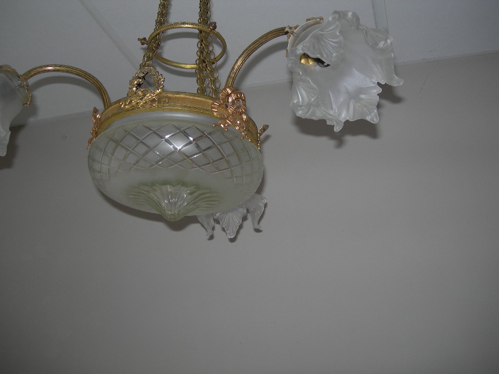 Lustre ancien en bronze ou laiton vasque et 3 tulipes en verre d'époque art déco suspension-photo-5