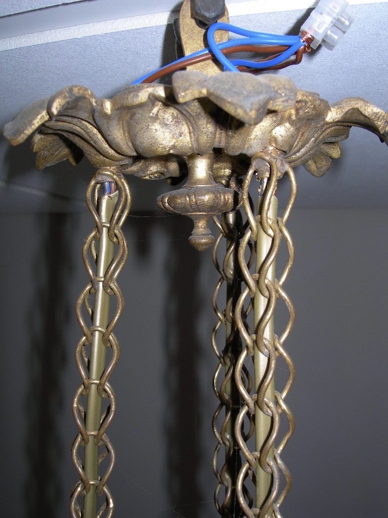 Lustre ancien en bronze ou laiton vasque et 3 tulipes en verre d'époque art déco suspension-photo-7