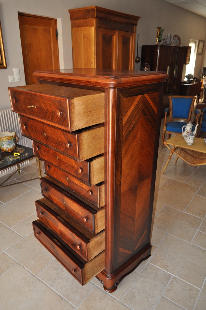 PETIT SEMAINIER EN PALISSANDRE D'ÉPOQUE NAPOLÉON III 19ÈME COMMODE 7 TIROIRS MEUBLE ANCIEN-photo-4
