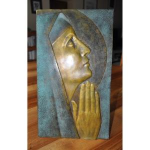 Large Plate In Patinated Bronze Signed Max Le Verrier Sainte Odile? Or The Virgin Mary? 35.5cm