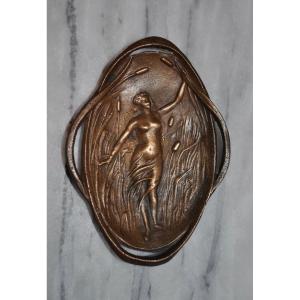Small Empty Pocket In Bronze Art Nouveau Period Signed Goyeau Naked Woman Decor