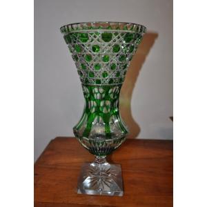 Large Medici Vase In Green Double Cut Crystal From St Louis? Val St Lambert? Unsigned