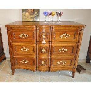 Commode Louis XV Bourguignonne Galbée Arbalète Ancienne En Noyer Massif d'Epoque 18ème siècle