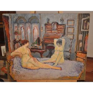 Painting By Ramon Dilley Oil On Panel "deux De La Muette" Naked Women 20th Century