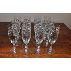 Series Of 12 Champagne Flutes In Cut Crystal From Vannes Le Châtel Glass Service Cups