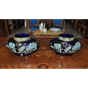 Pair Of Vases In Blue Enameled Glass Verrerie Legras Unsigned Art Nouveau Period Circa 1900