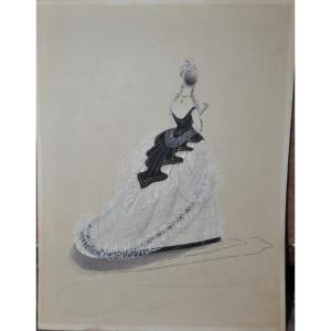 Projet de robe de mode dessin à l'aquarelle sur carton époque fin 19ème ou début 20ème ancien