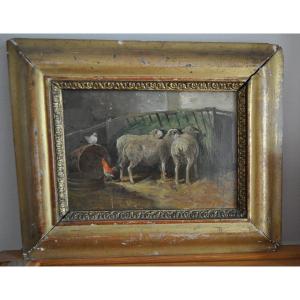 Tableau Peinture ancienne huile époque 19ème mouton coq et poule dans une étable à la ferme