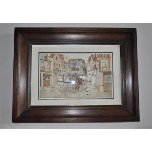 Gravure ancienne rehaussé à l'aquarelle époque fin 19ème ou début 20ème diligence avec chevaux