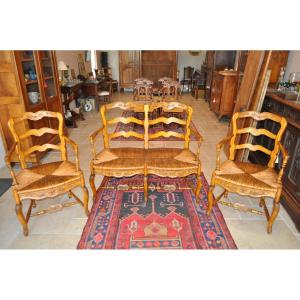 Salon Ancien Louis XV Provençal En Noyer Paire De Fauteuils Paillés Radassier d'époque 19ème
