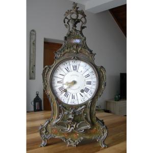 Cartel D'époque Louis XV signé J. Jollain décor floral en verni martin et bronze pendule 18ème