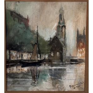 Antique Painting Oil On Canvas Signed Gerhard Cohn Roemers Marine Port Of Bruges Boat
