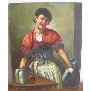 Tableau ancien portrait de femme huile panneau sur bois dans une taverne alsacienne signé Klein