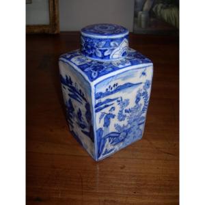 Antique Delftware Tea Caddy From The 18th Century, Signed "van Duijn," With Chinoiserie Decoration